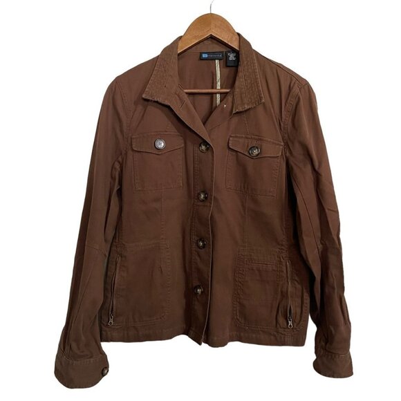 Relativity Womens Brown Button Up Zipper Pockets Utility Jacket Size Large - Picture 1 of 6